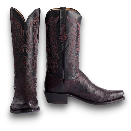 Moon Ridge Hats and Heritage Lucchese Elgin full quill ostrich cowboy boots in black cherry and black leather alternate view