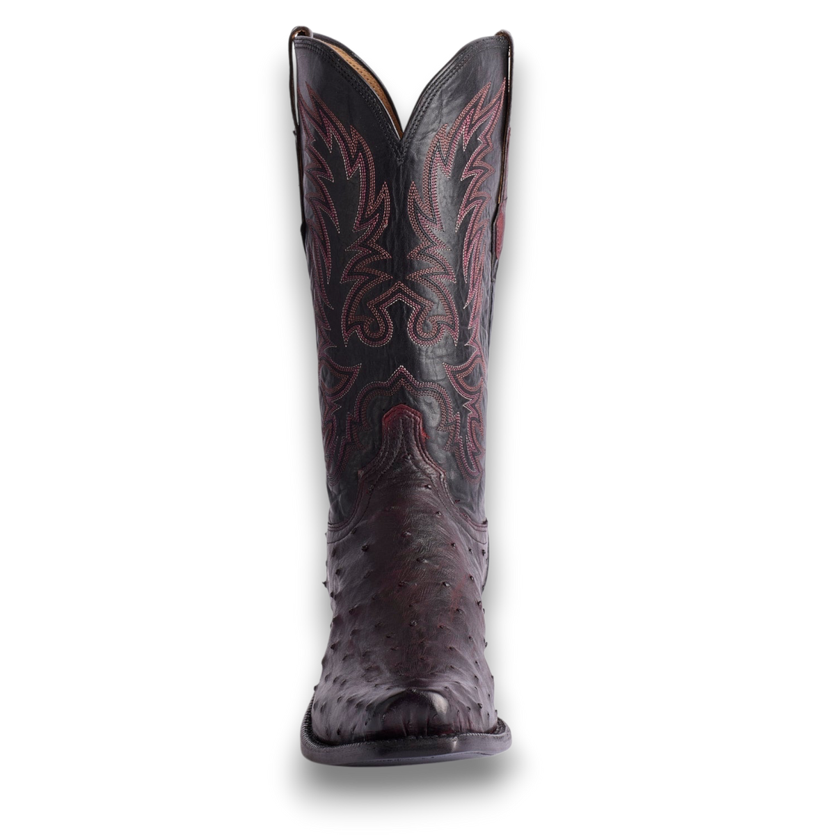Moon Ridge Hats and Heritage Lucchese Elgin full quill ostrich cowboy boots in black cherry and black leather