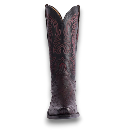 Moon Ridge Hats and Heritage Lucchese Elgin full quill ostrich cowboy boots in black cherry and black leather