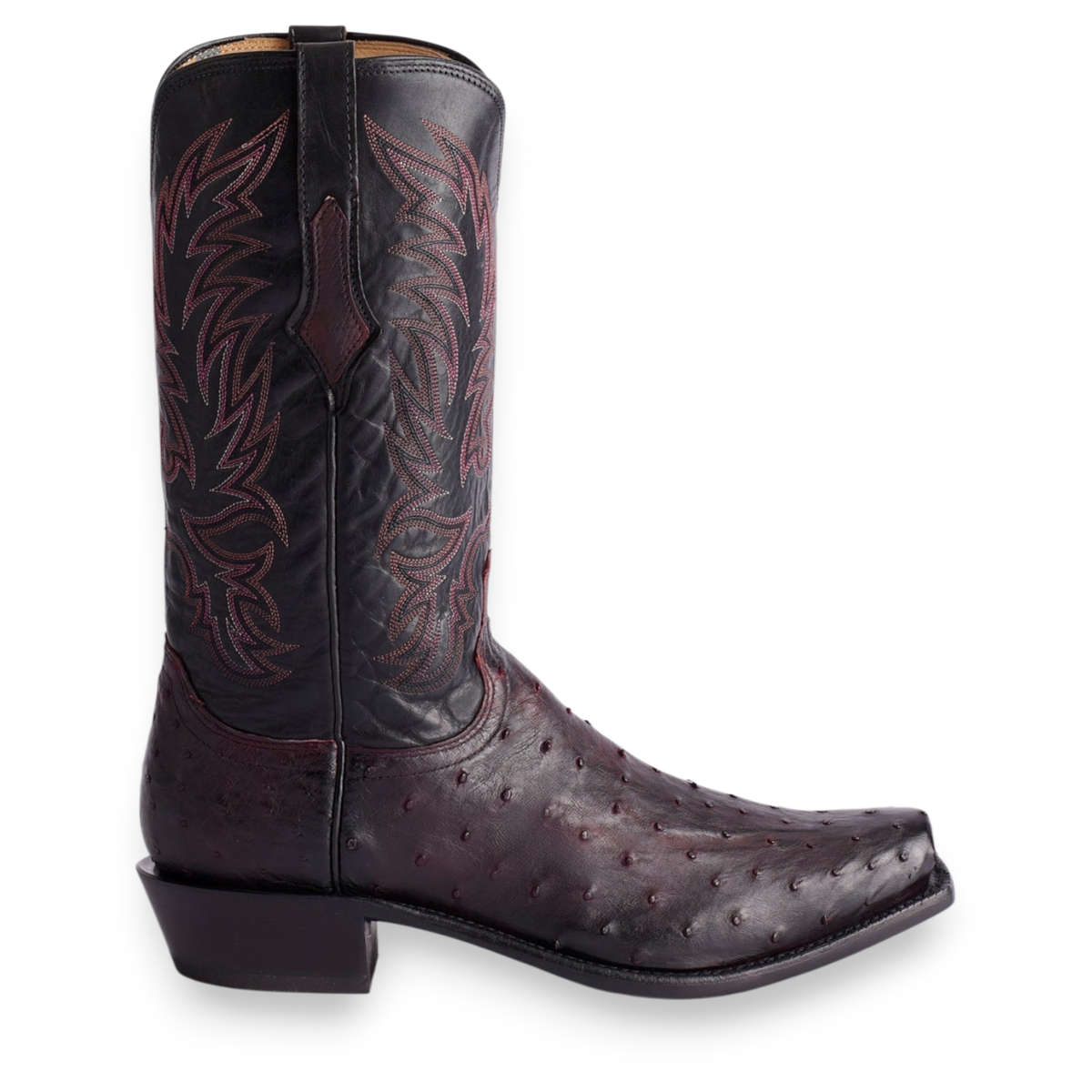 Moon Ridge Hats and Heritage Lucchese Elgin full quill ostrich cowboy boot in black cherry and black leather