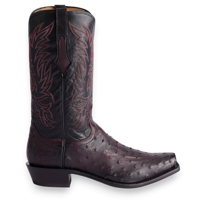 Moon Ridge Hats and Heritage Lucchese Elgin full quill ostrich cowboy boot in black cherry and black leather