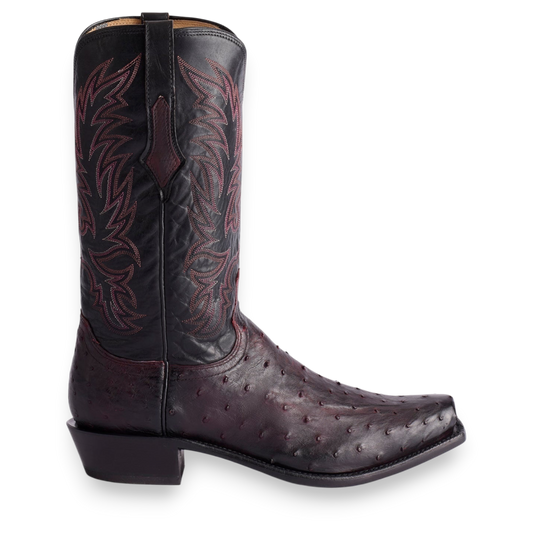 Moon Ridge Hats and Heritage Lucchese Elgin full quill ostrich cowboy boot in black cherry and black leather