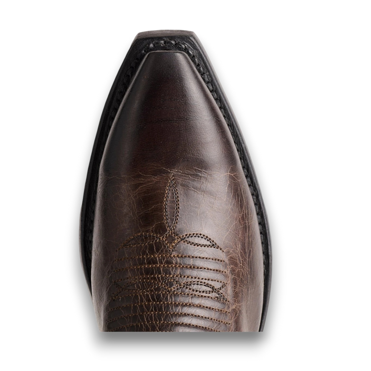Moon Ridge Hats and Heritage Lucchese Savannah chocolate burnished Ranch Hand leather cowboy boot toe detail