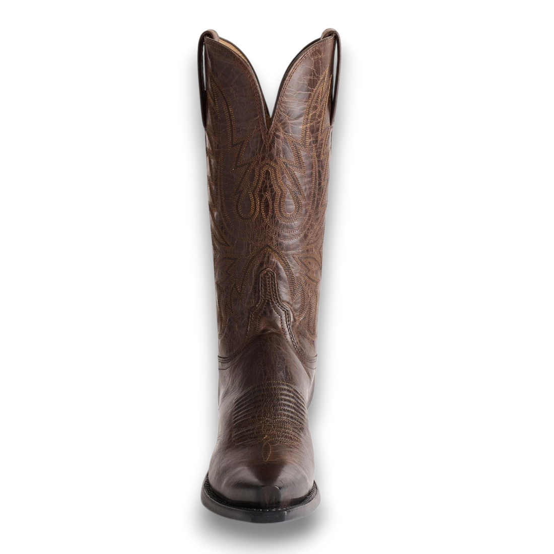 Moon Ridge Hats and Heritage Lucchese Savannah chocolate brown burnished leather Western cowboy boot front view