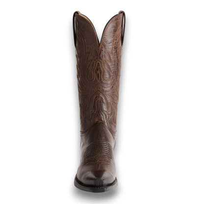 Moon Ridge Hats and Heritage Lucchese Savannah chocolate brown burnished leather Western cowboy boot front view