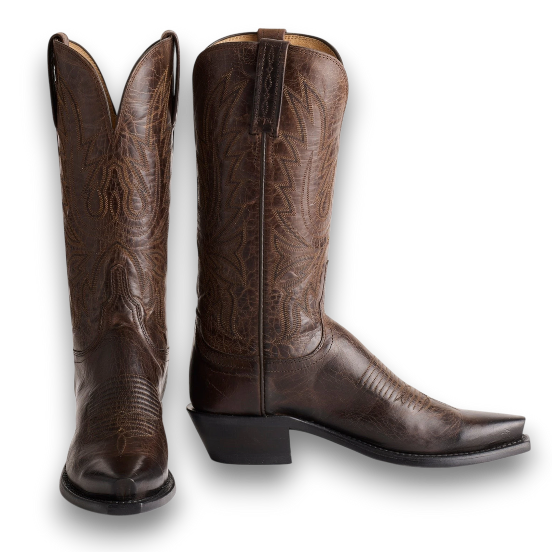 Moon Ridge Hats and Heritage Lucchese Savannah chocolate brown burnished Ranch Hand leather Western cowboy boots
