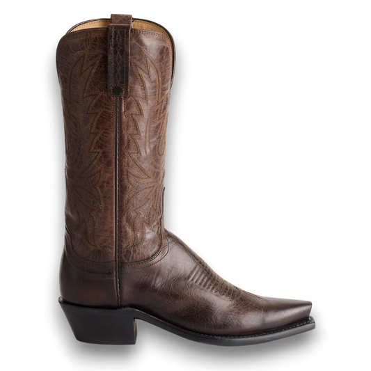 Moon Ridge Hats and Heritage Lucchese Savannah chocolate brown burnished leather Western cowboy boot with stitching