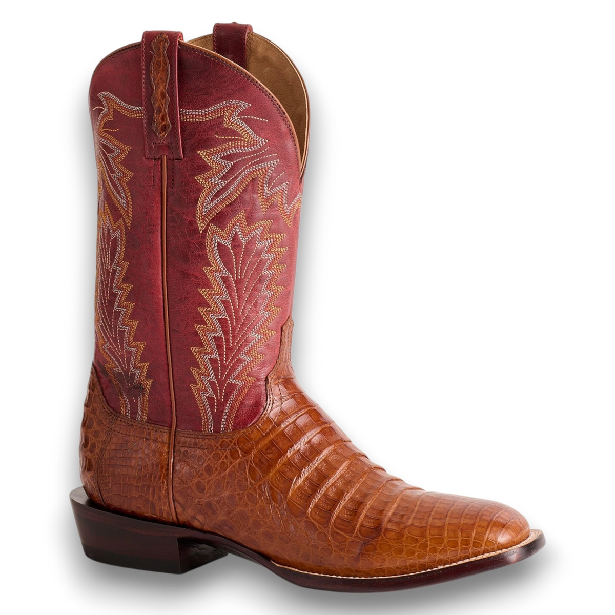 Moon Ridge Hats and Heritage Lucchese Wyatt red and brown alligator leather western cowboy boot with intricate stitching