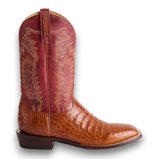Moon Ridge Hats and Heritage Lucchese Wyatt cowboy boot in red and brown giant alligator leather with intricate stitching