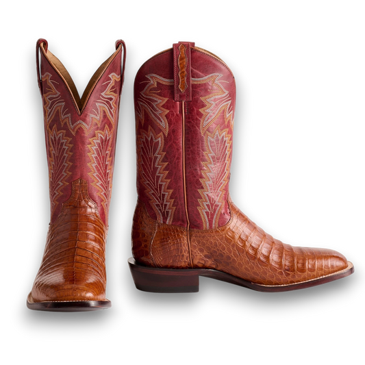 Moon Ridge Hats and Heritage Lucchese Wyatt red and brown giant alligator cowboy boots with intricate stitching alternate view