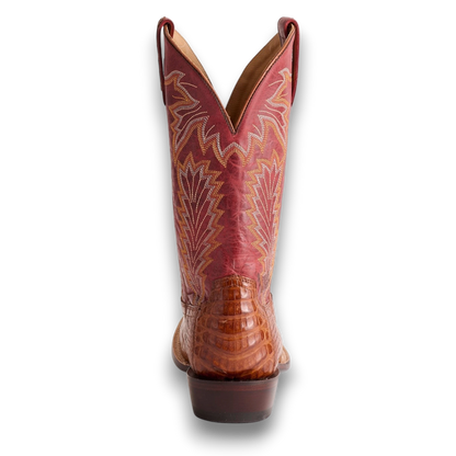 Moon Ridge Hats and Heritage Lucchese Wyatt red cowboy boot featuring genuine alligator skin and intricate stitching.