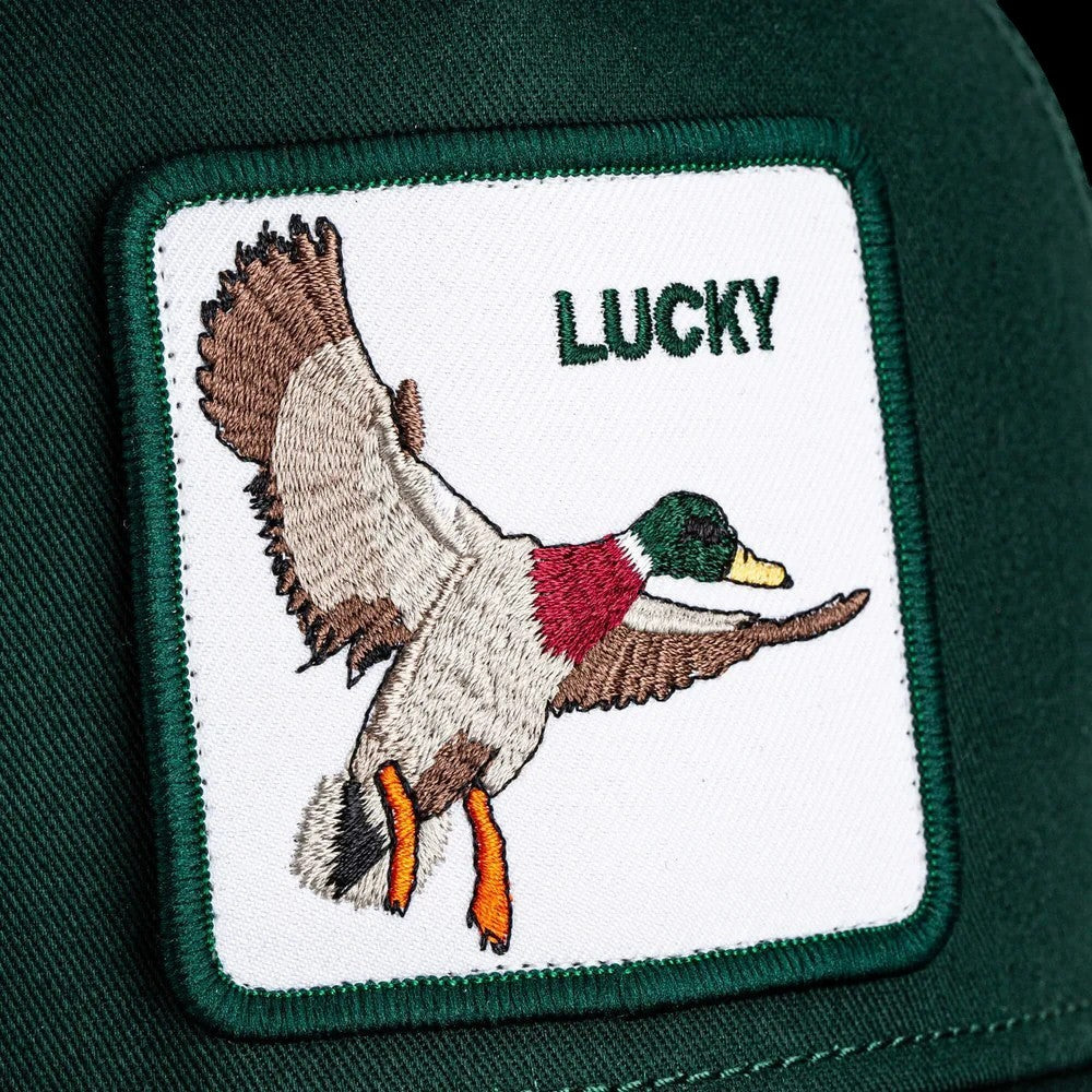 Moon Ridge Hats and Heritage Goorin Bros Lucky Duck trucker hat featuring a mallard duck patch on a green crown.