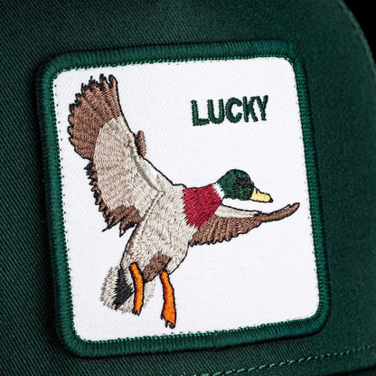 Moon Ridge Hats and Heritage Goorin Bros Lucky Duck trucker hat featuring a mallard duck patch on a green crown.