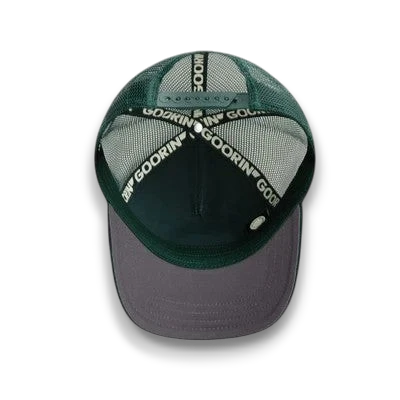 Moon Ridge Hats and Heritage Goorin Bros Lucky Duck trucker hat interior showing green mesh and branded tape
