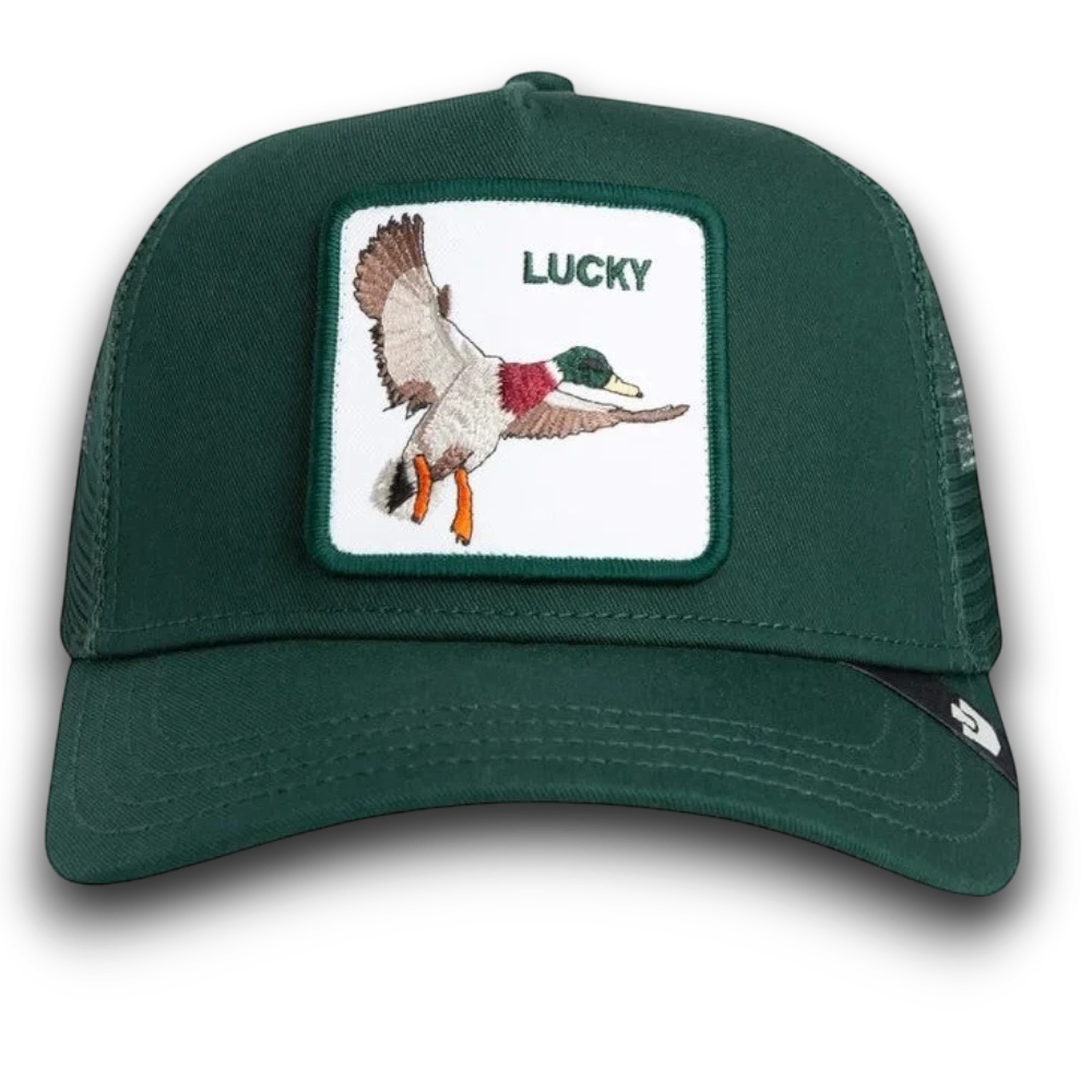 Moon Ridge Hats and Heritage Goorin Bros Lucky Duck trucker hat in deep green with mallard duck patch