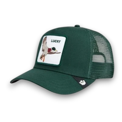 Moon Ridge Hats and Heritage Goorin Bros The Lucky Duck green trucker hat with embroidered mallard duck patch