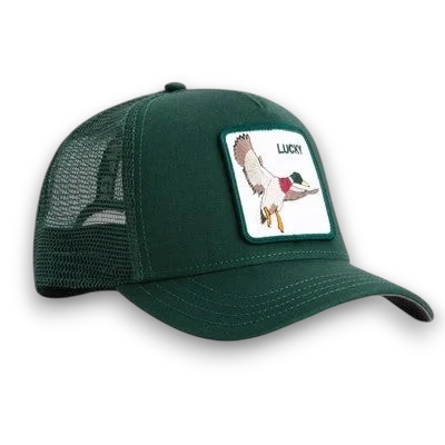 Moon Ridge Hats and Heritage Goorin Bros The Lucky Duck trucker hat in forest green with mallard duck patch