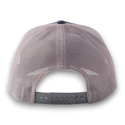 Moon Ridge Hats and Heritage navy and charcoal mesh back trucker cap with adjustable snap closure, rear view
