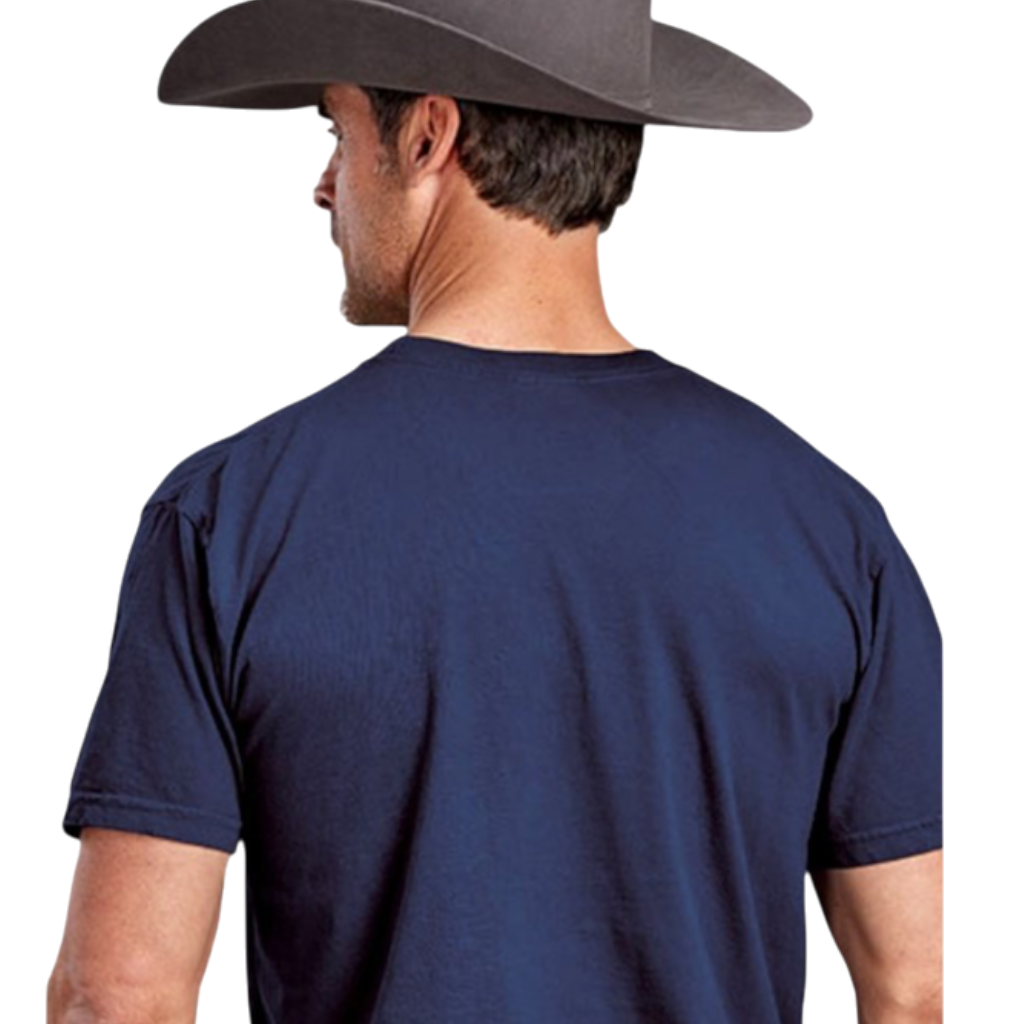 Moon Ridge Hats and Heritage navy cotton crew neck t-shirt worn by a man in a grey cowboy hat, back view