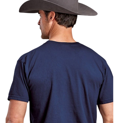 Moon Ridge Hats and Heritage navy cotton crew neck t-shirt worn by a man in a grey cowboy hat, back view