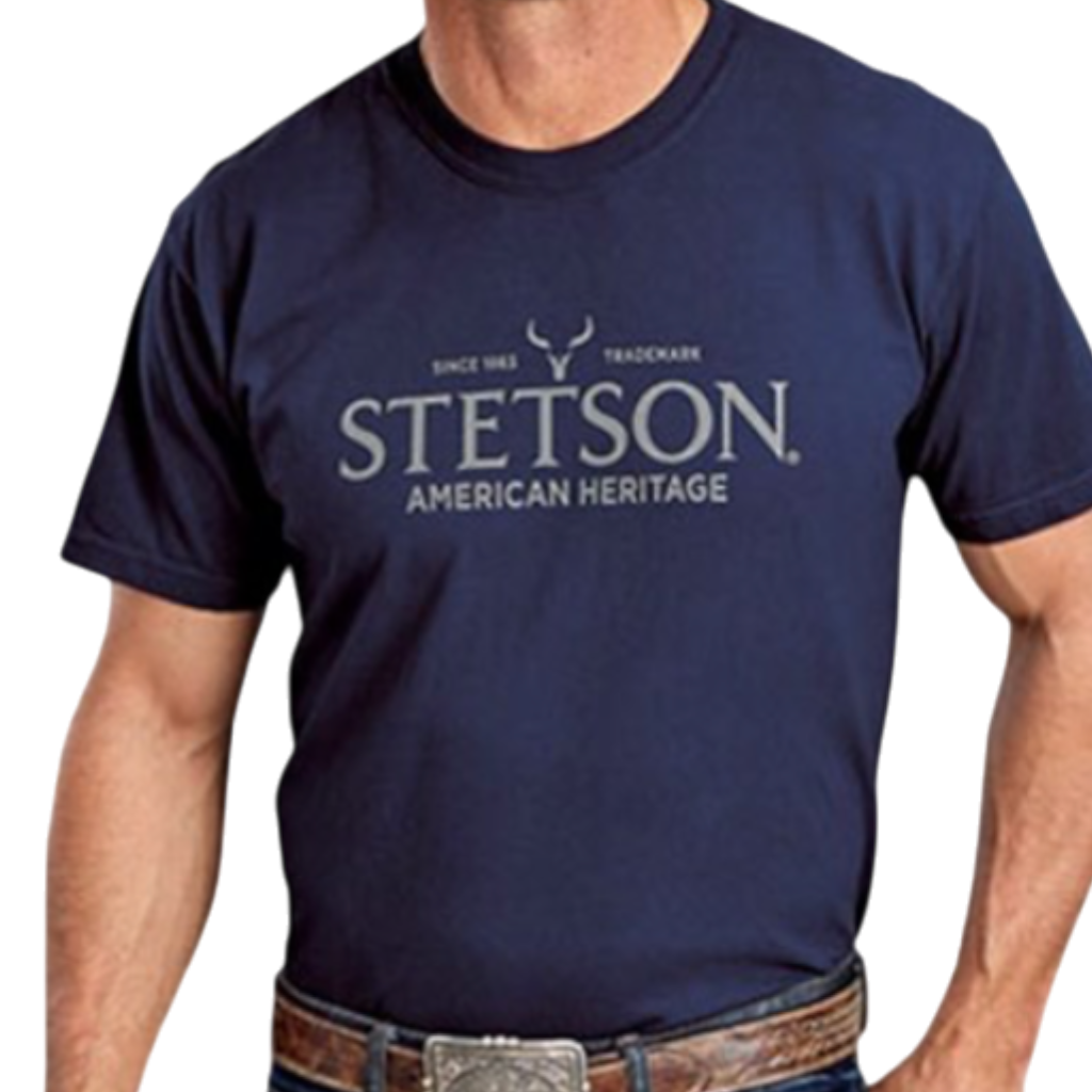Moon Ridge Hats and Heritage navy crew neck t-shirt with vintage cream Stetson American Heritage graphic print