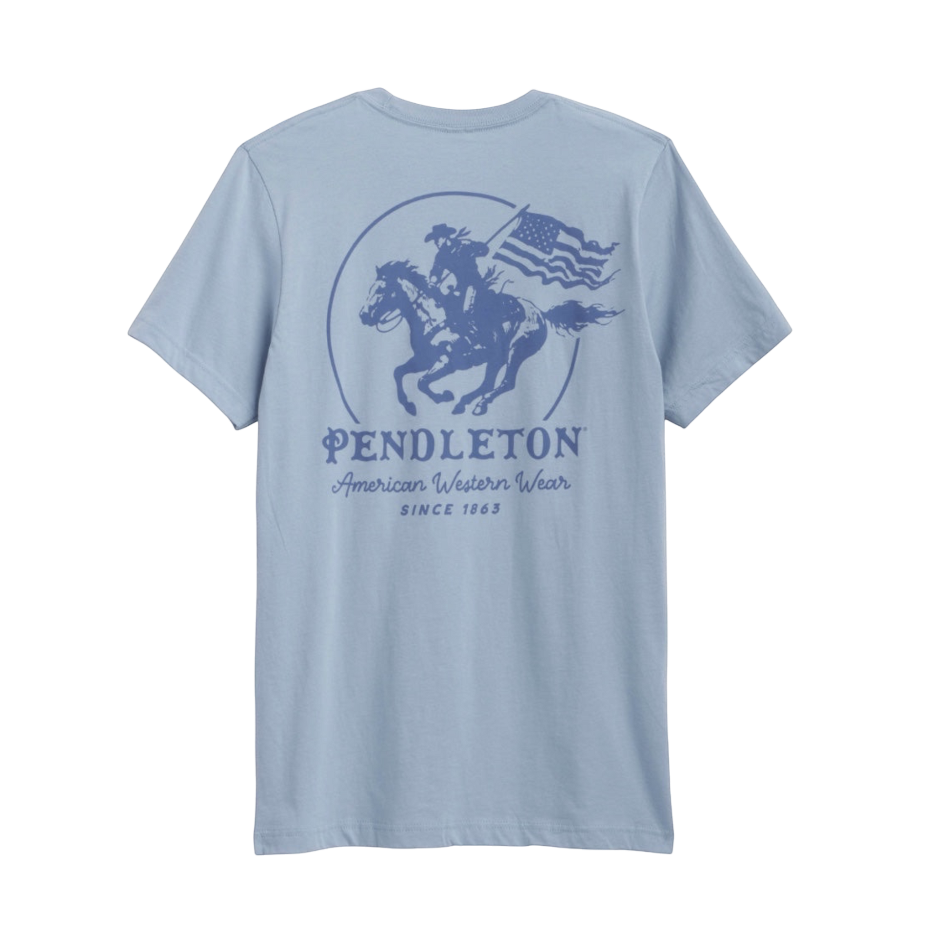 Moon Ridge Hats and Heritage light blue cotton crewneck t-shirt with cowboy on horseback graphic and Pendleton logo.
