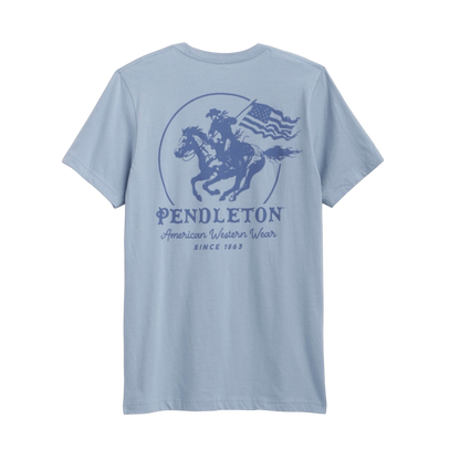 Moon Ridge Hats and Heritage light blue cotton crewneck t-shirt with cowboy on horseback graphic and Pendleton logo.