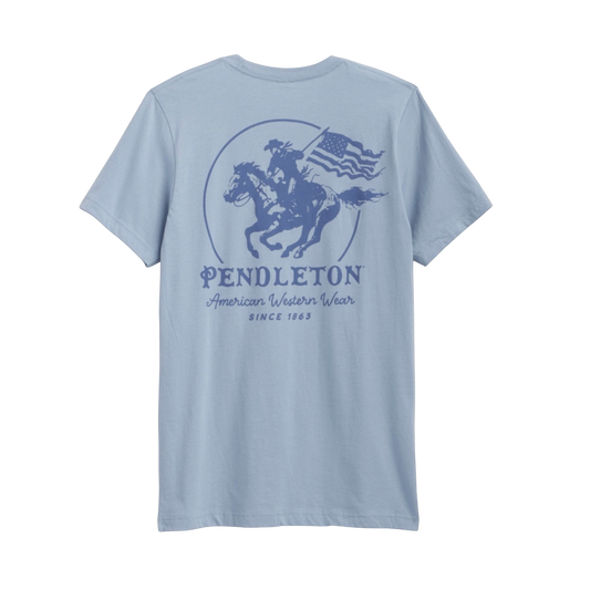 Moon Ridge Hats and Heritage light blue cotton crewneck t-shirt with cowboy on horseback graphic and Pendleton logo. alternate view