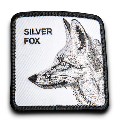 Moon Ridge Hats and Heritage Silver Fox embroidered patch with detailed fox illustration and "SILVER FOX" text.