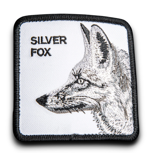 Moon Ridge Hats and Heritage Silver Fox embroidered patch with detailed fox illustration and "SILVER FOX" text. alternate view