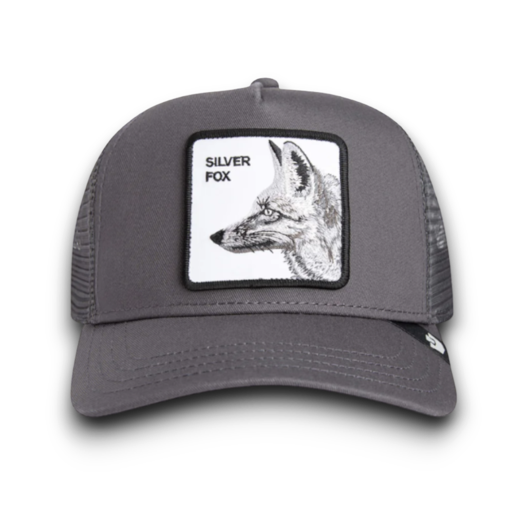 Moon Ridge Hats and Heritage Goorin Bros Silver Fox trucker hat with embroidered fox patch and mesh back.