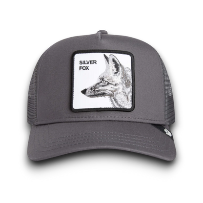Moon Ridge Hats and Heritage Goorin Bros Silver Fox trucker hat with embroidered fox patch and mesh back.