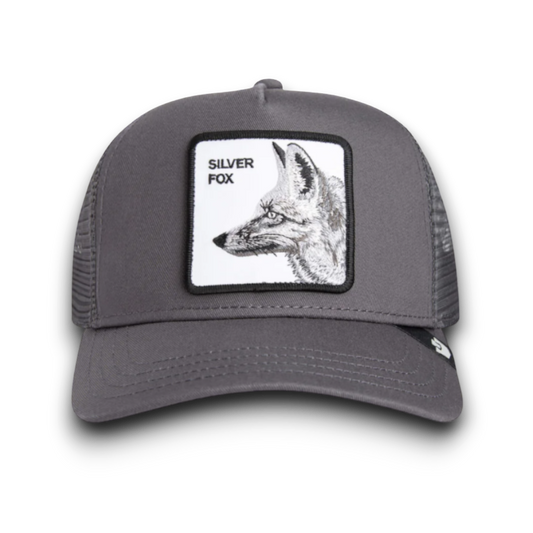 Moon Ridge Hats and Heritage Goorin Bros Silver Fox trucker hat with embroidered fox patch and mesh back.
