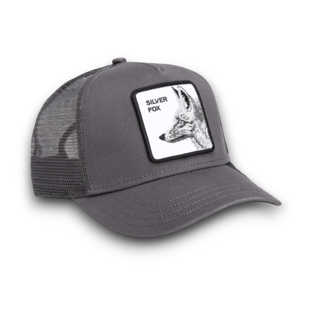 Moon Ridge Hats and Heritage Goorin Bros Silver Fox trucker hat with embroidered fox patch and mesh back. Grey.