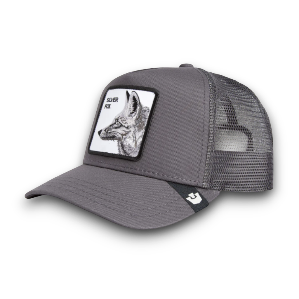 Moon Ridge Hats and Heritage Goorin Bros Silver Fox trucker hat with embroidered fox patch and mesh back.