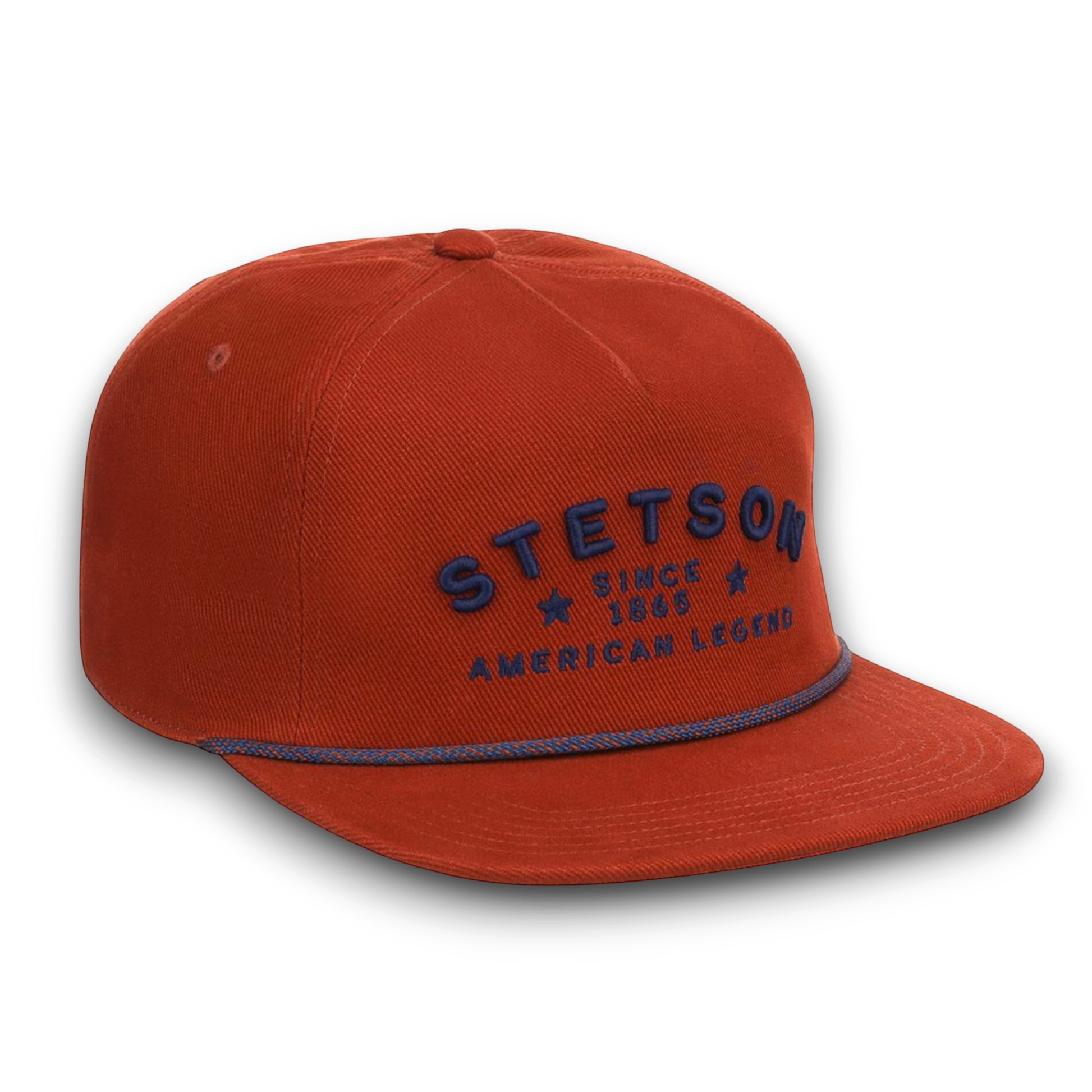 Moon Ridge Hats and Heritage Stetson American Legend baseball cap in burnt orange cotton twill with navy blue embroidery and rope detail.