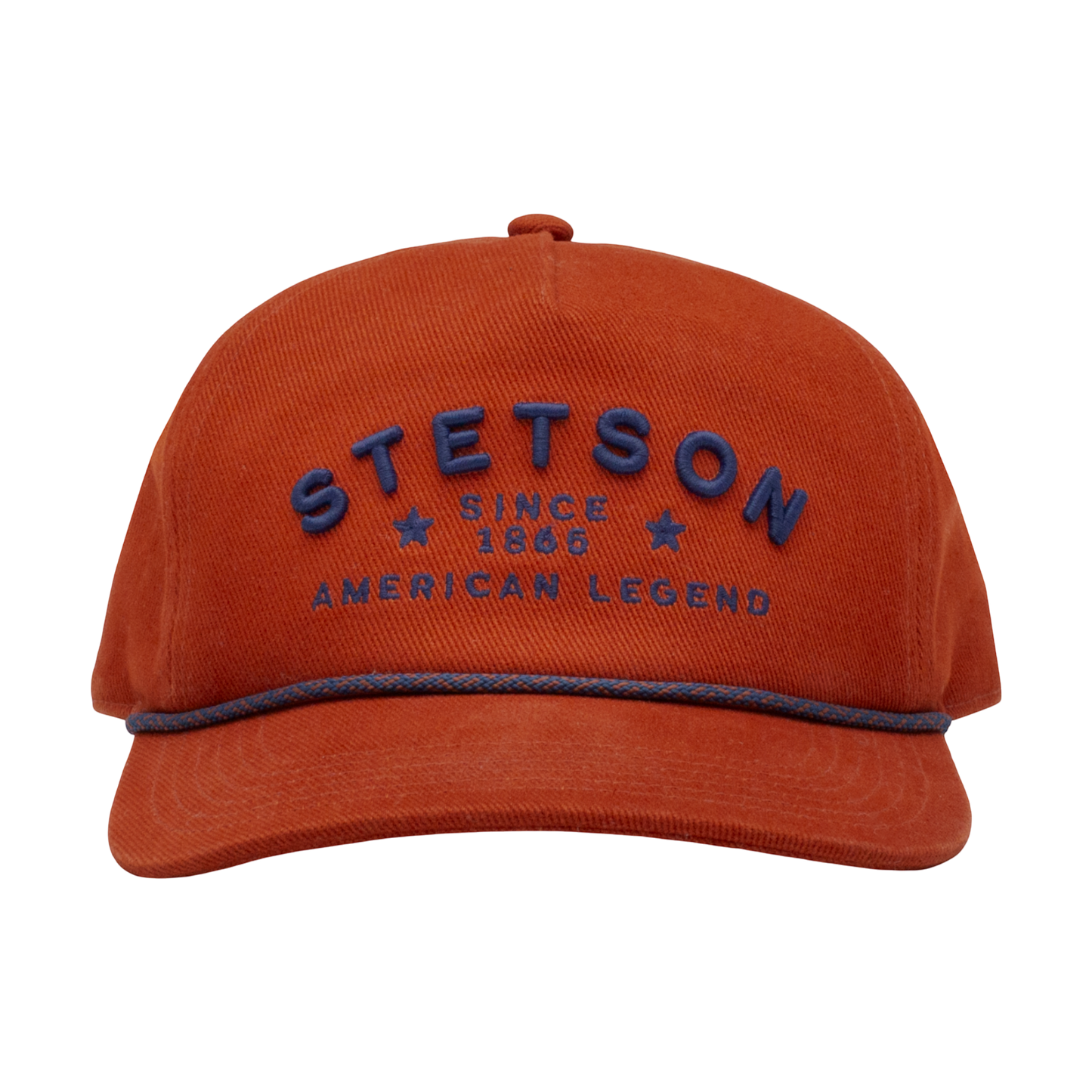 Moon Ridge Hats and Heritage burnt orange cotton twill baseball cap with blue "STETSON SINCE 1865 AMERICAN LEGEND" embroidery and rope detail.