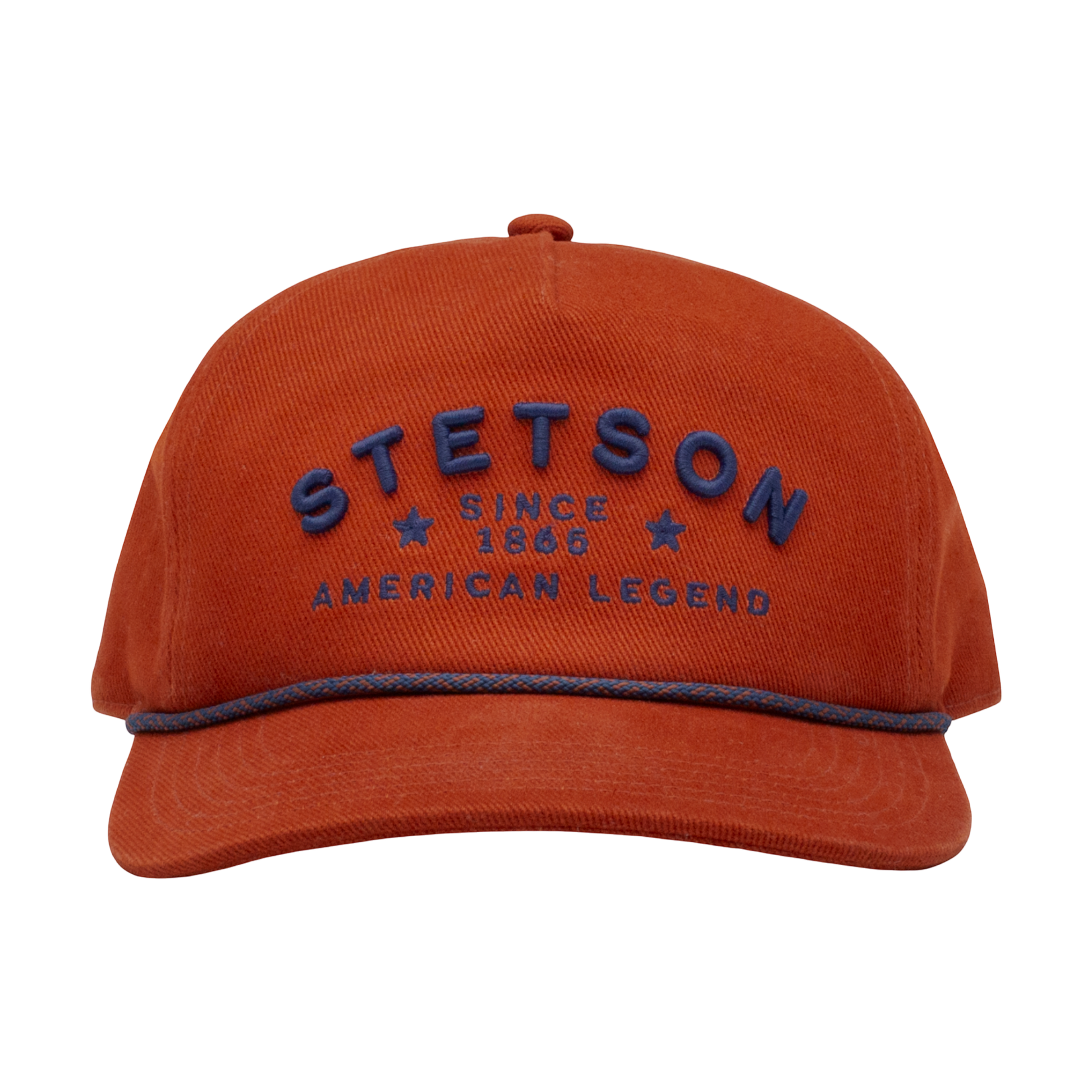 Moon Ridge Hats and Heritage burnt orange cotton twill baseball cap with blue "STETSON SINCE 1865 AMERICAN LEGEND" embroidery and rope detail.