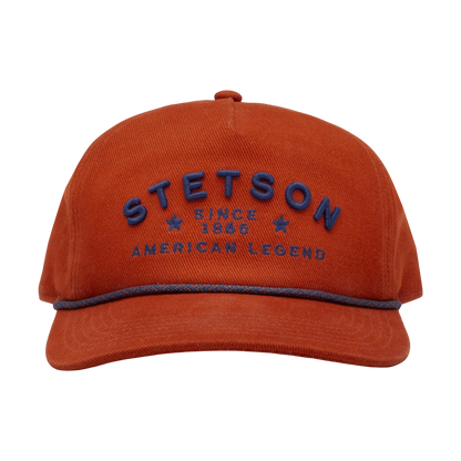 Moon Ridge Hats and Heritage burnt orange cotton twill baseball cap with blue "STETSON SINCE 1865 AMERICAN LEGEND" embroidery and rope detail.