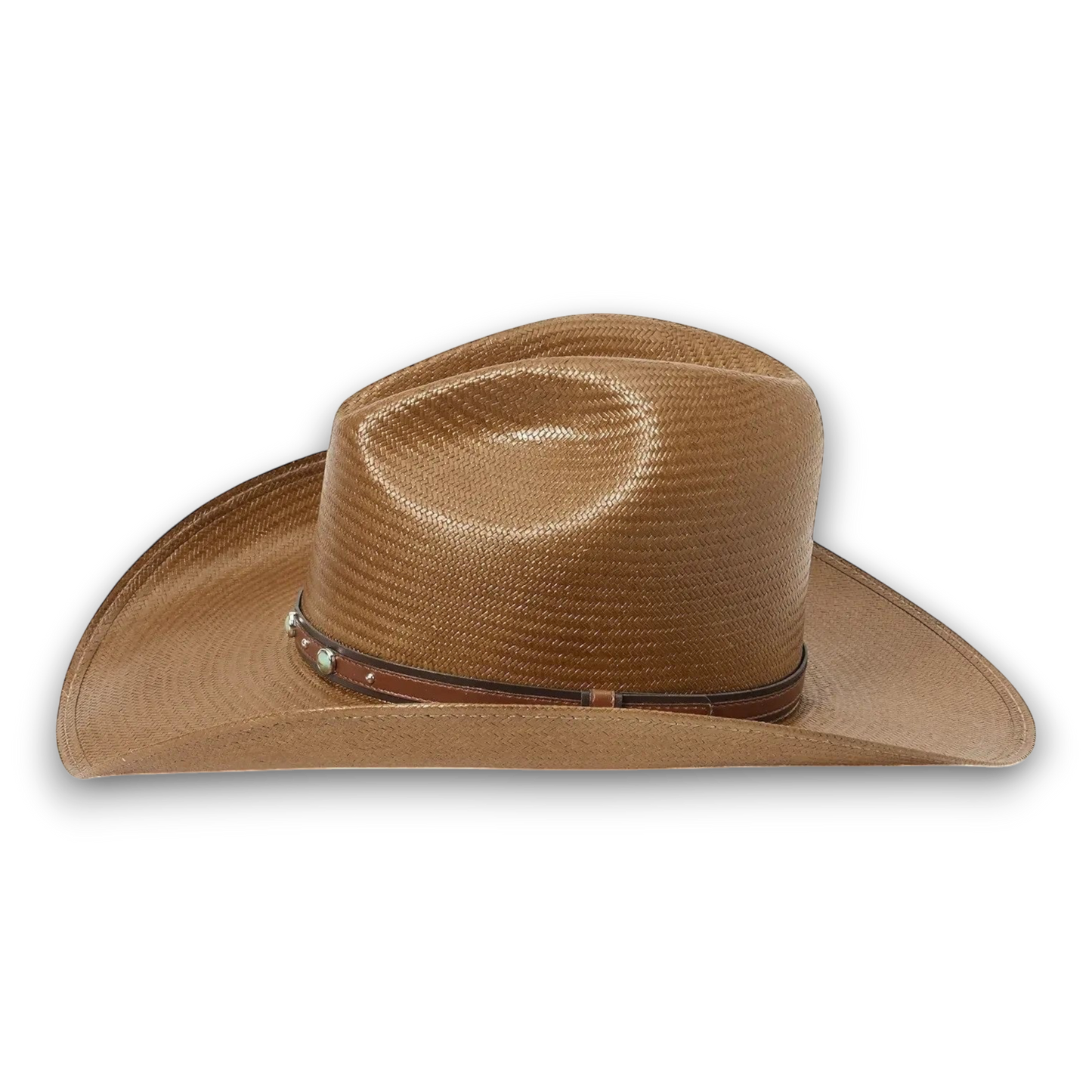 Moon Ridge Hats and Heritage Stetson Bellmont brown shantung straw cowboy hat with leather band and turquoise studs.