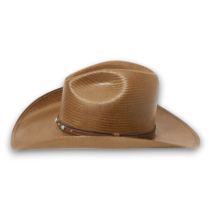 Moon Ridge Hats and Heritage Stetson Bellmont brown shantung straw cowboy hat with leather band and turquoise studs.