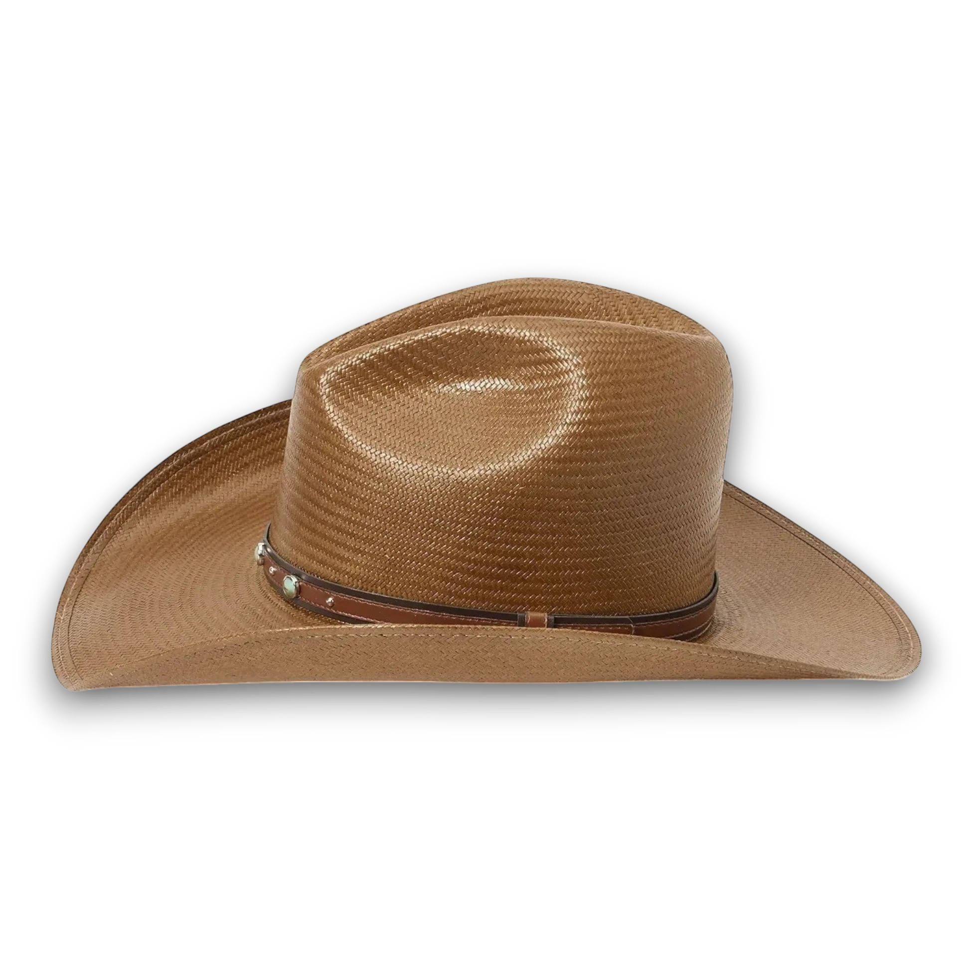 Moon Ridge Hats and Heritage Stetson Bellmont brown shantung straw cowboy hat with leather band and turquoise studs