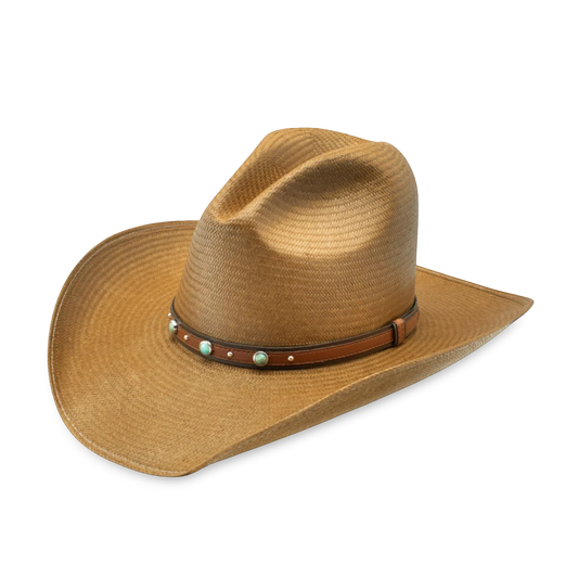 Moon Ridge Hats and Heritage Stetson Bellmont straw cowboy hat in tan with a brown leather band and turquoise studs.