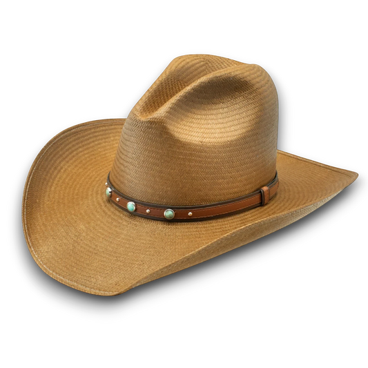 Moon Ridge Hats and Heritage Stetson Bellmont straw cowboy hat in tan with a brown leather band and turquoise studs. alternate view