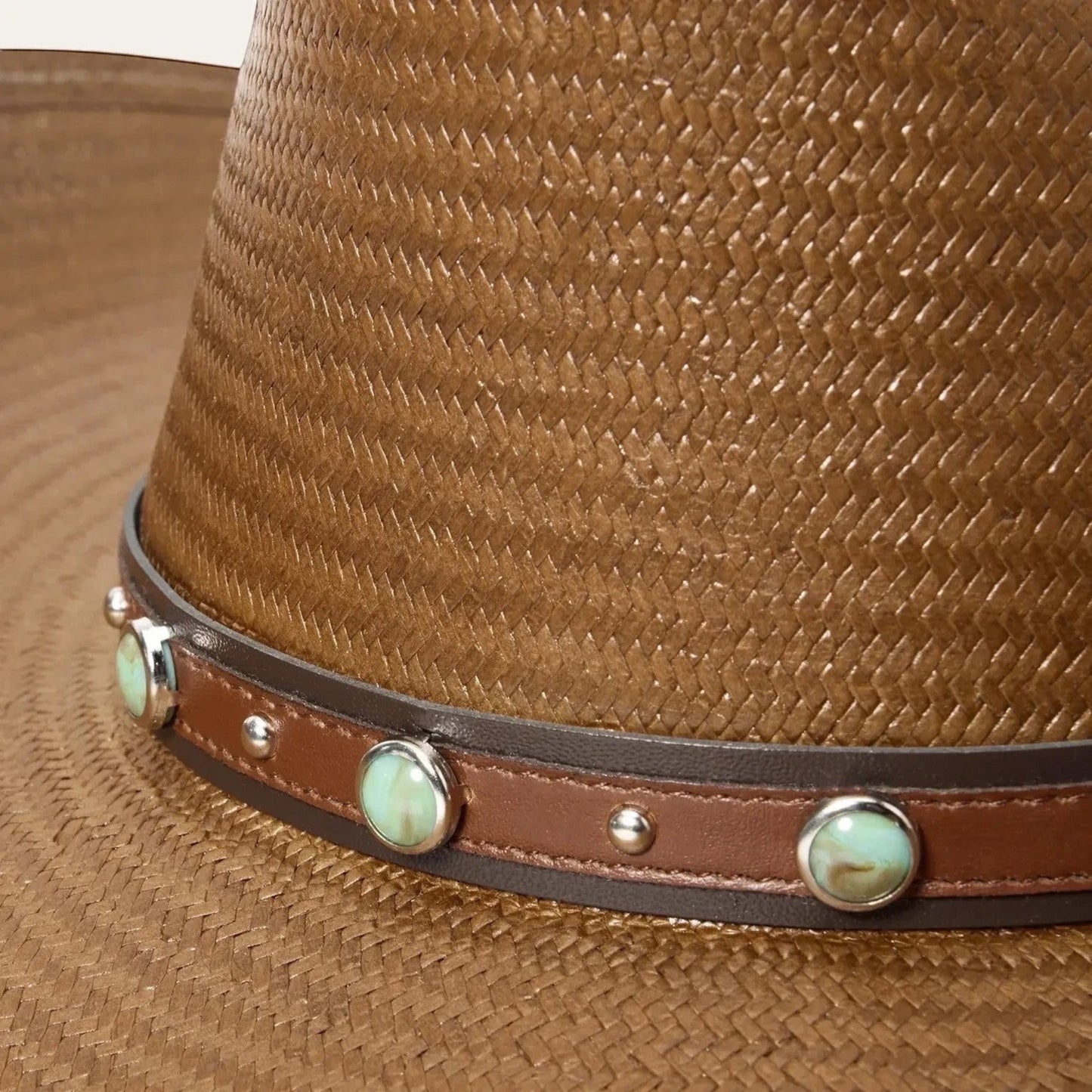 Moon Ridge Hats and Heritage Stetson Bellmont brown straw cowboy hat with turquoise studded leather band.