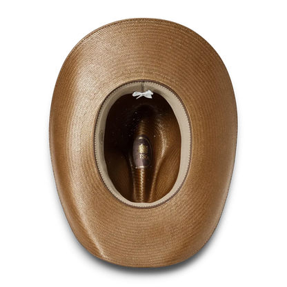 Moon Ridge Hats and Heritage Stetson Bellmont straw cowboy hat in tan with a pinch crown and curved brim. Features a leather hatband with studs.