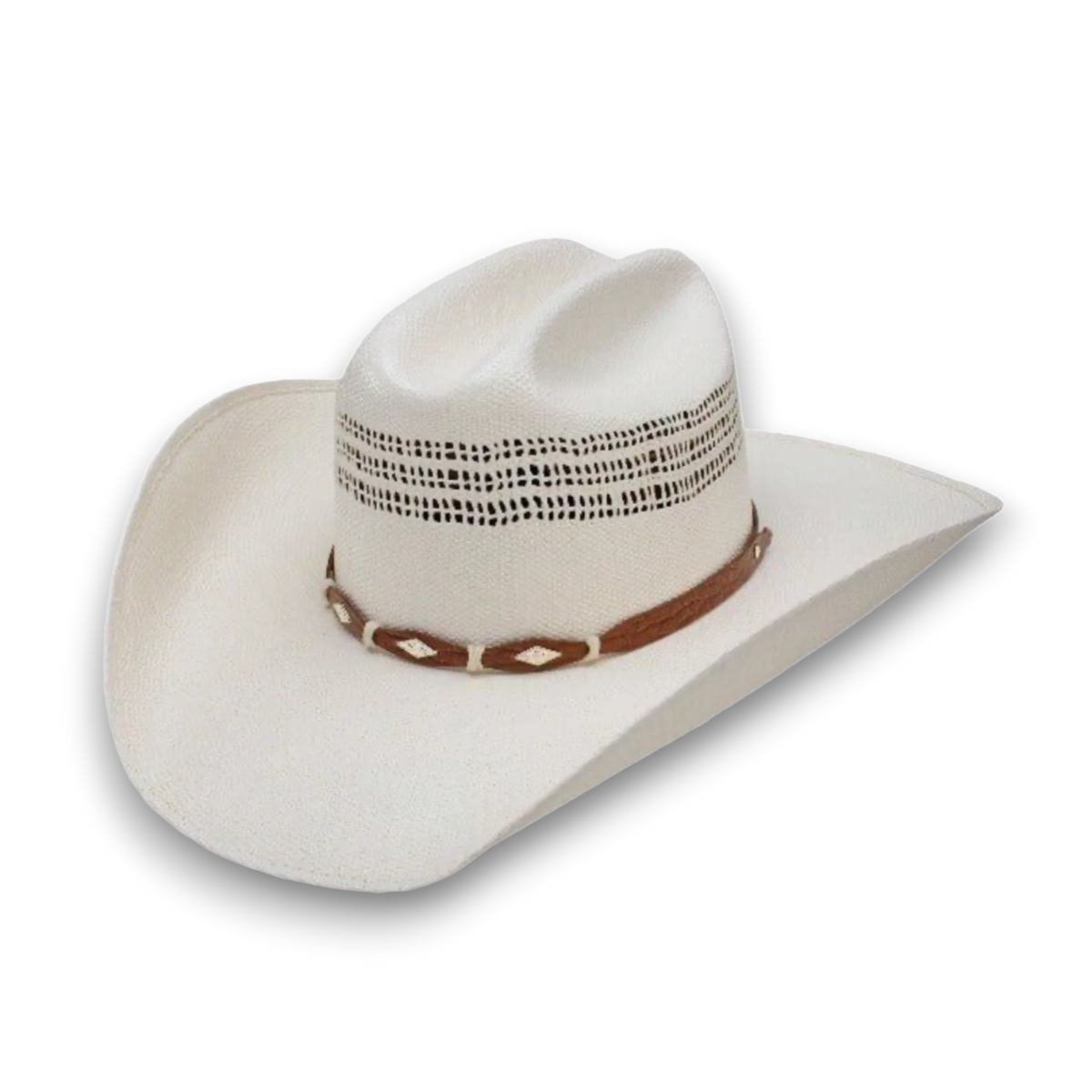 Moon Ridge Hats and Heritage Stetson Billy Junior youth cowboy hat in white vented Bangora straw with brown hatband.