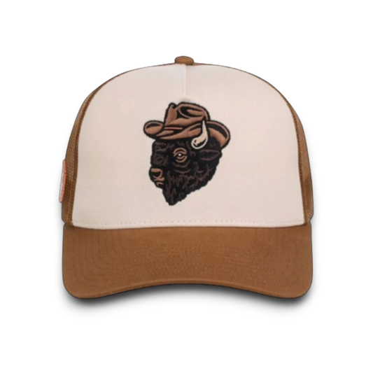 Moon Ridge Hats and Heritage Stetson Outlaw Bison trucker hat with embroidered bison patch, cream front, and brown mesh back.