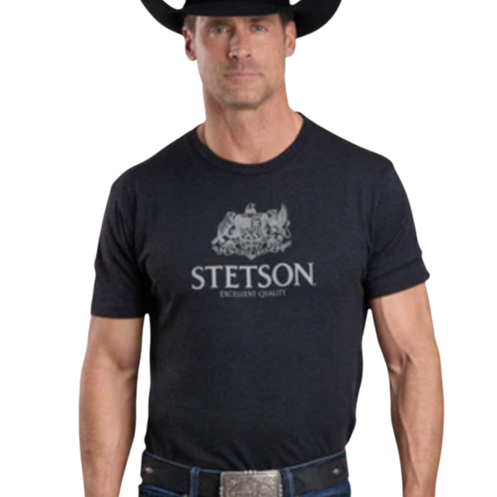 Man wearing a black Moon Ridge Hats and Heritage Stetson poly-cotton-rayon crew neck t-shirt with a crest logo