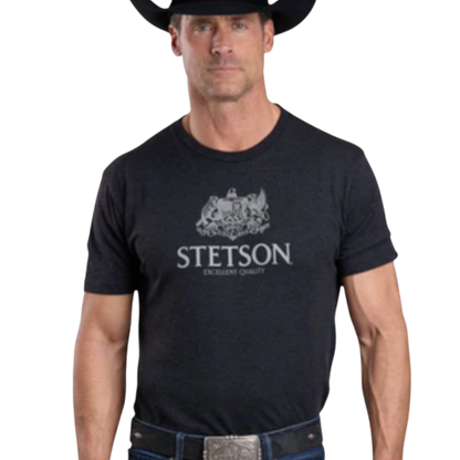 Man wearing a black Moon Ridge Hats and Heritage Stetson poly-cotton-rayon crew neck t-shirt with a crest logo
